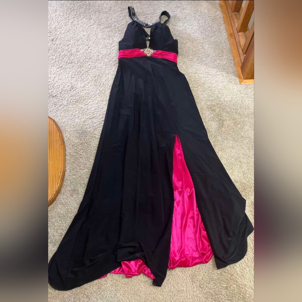 Alyce Designs Black Formal Dress with Pink Waistband and Embellished Neckline - Picture 3 of 4